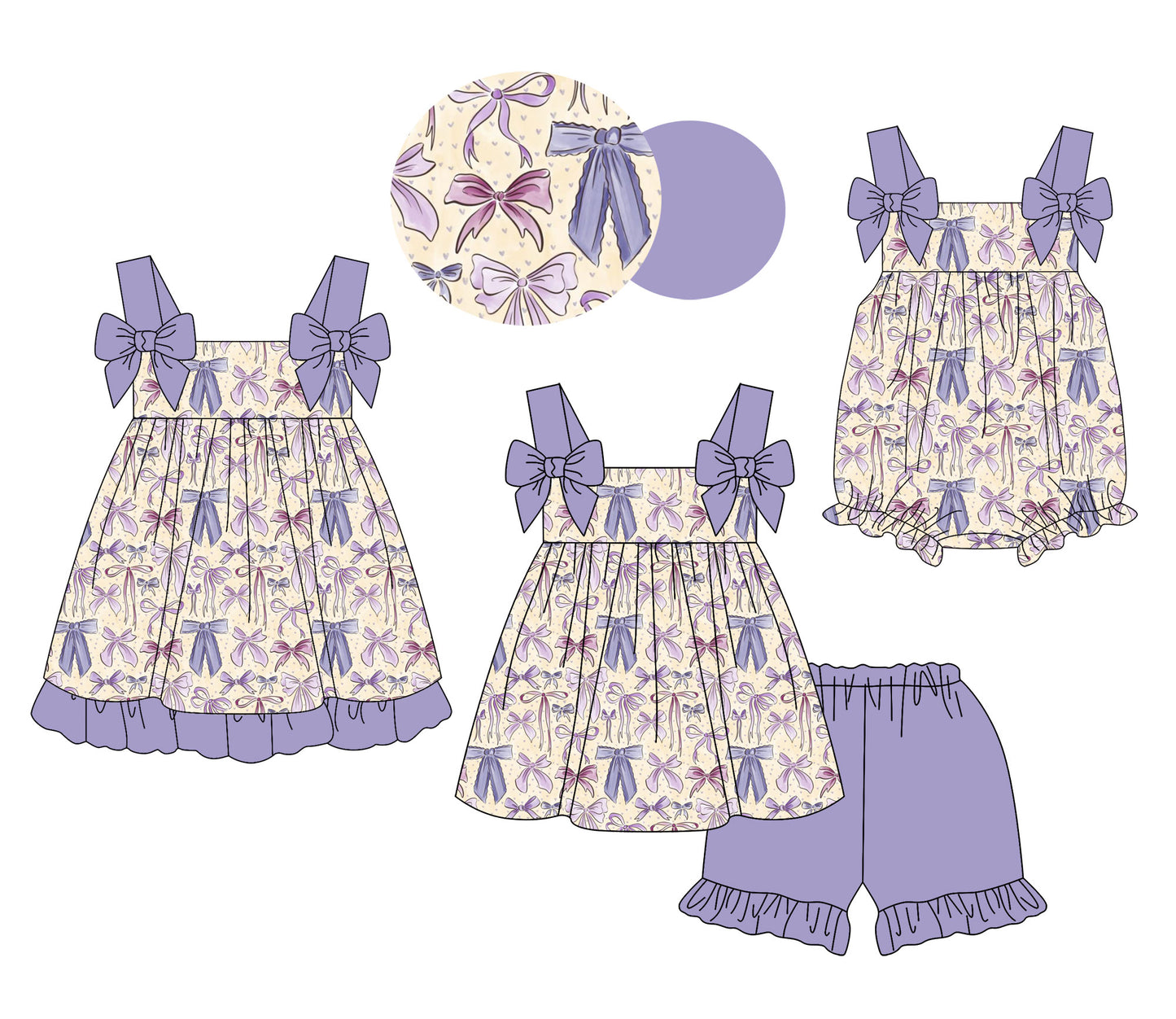 4.11 Custom moq 5 mix size Sibling Baby Girl's Purple Bows Strap Top And Short Set Cute Romper Dress for Summer