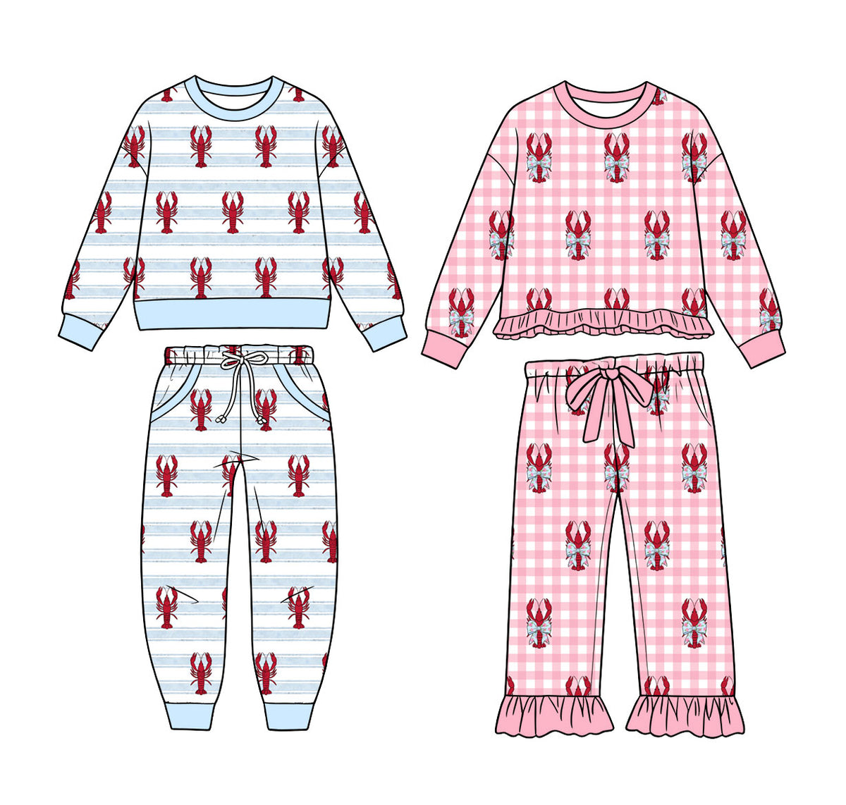 (Preorder new) No moq Toddler Kids Crawfish Print Kids Long Sleeve Pajama Girls Boys Matching Sleepwear Set