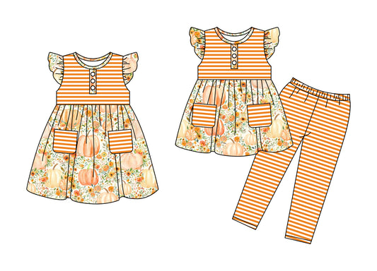 25.5.9 custom each style moq 5eta 4-6week Sibling Sister pumpkin floral baby girl pants sets and dress match family design