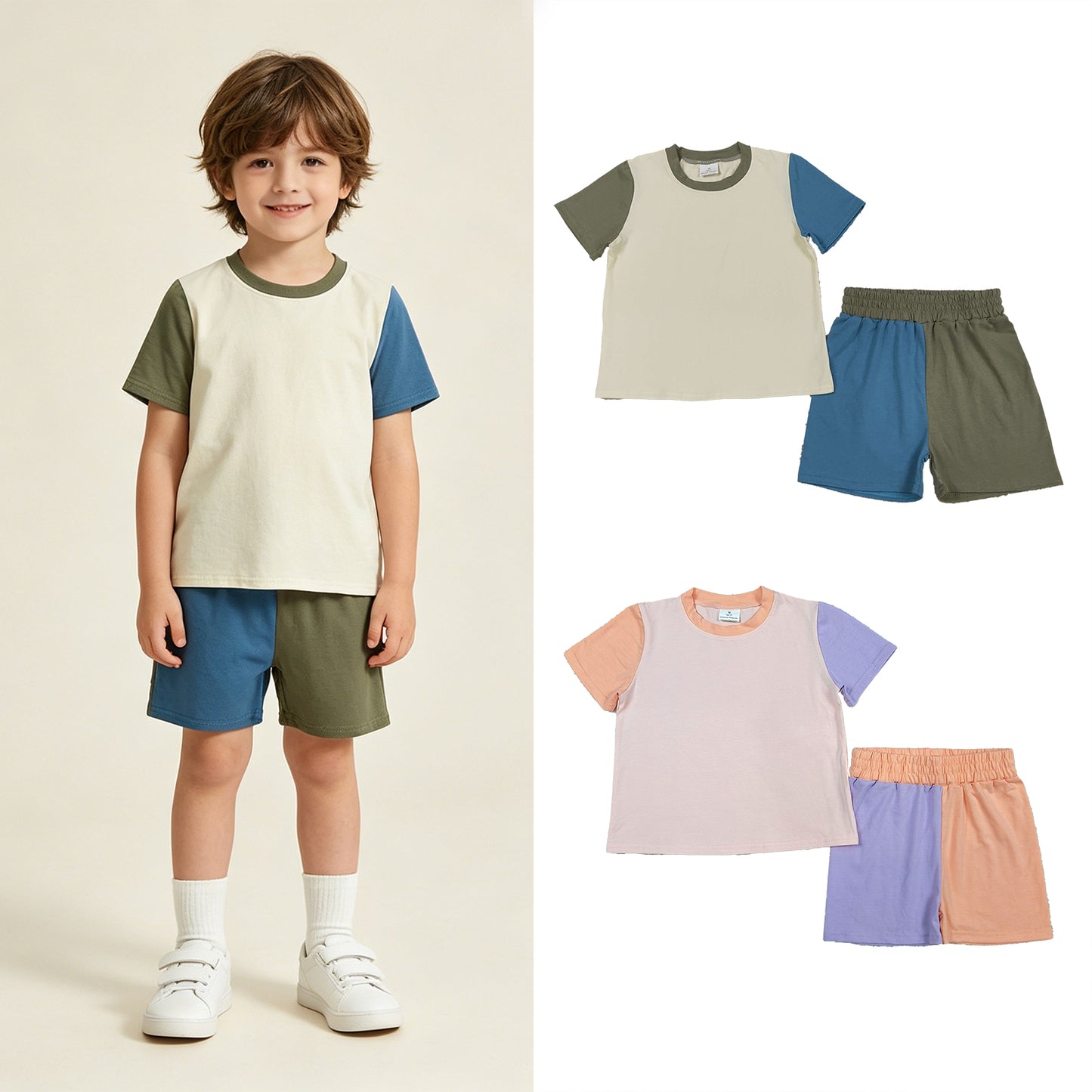 RTS NO MOQ Sibling milk silk Baby Girls Boys Peach Patchwork Daily Wear Slouchy Top Short Sets