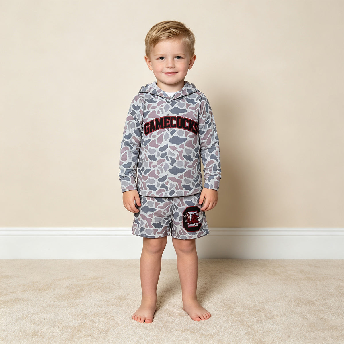NEW RTS NO MOQ milk silk BLS0048 Baby Boys Grey Camo Letter Print Long Sleeve Hoodie Shorts Team Set