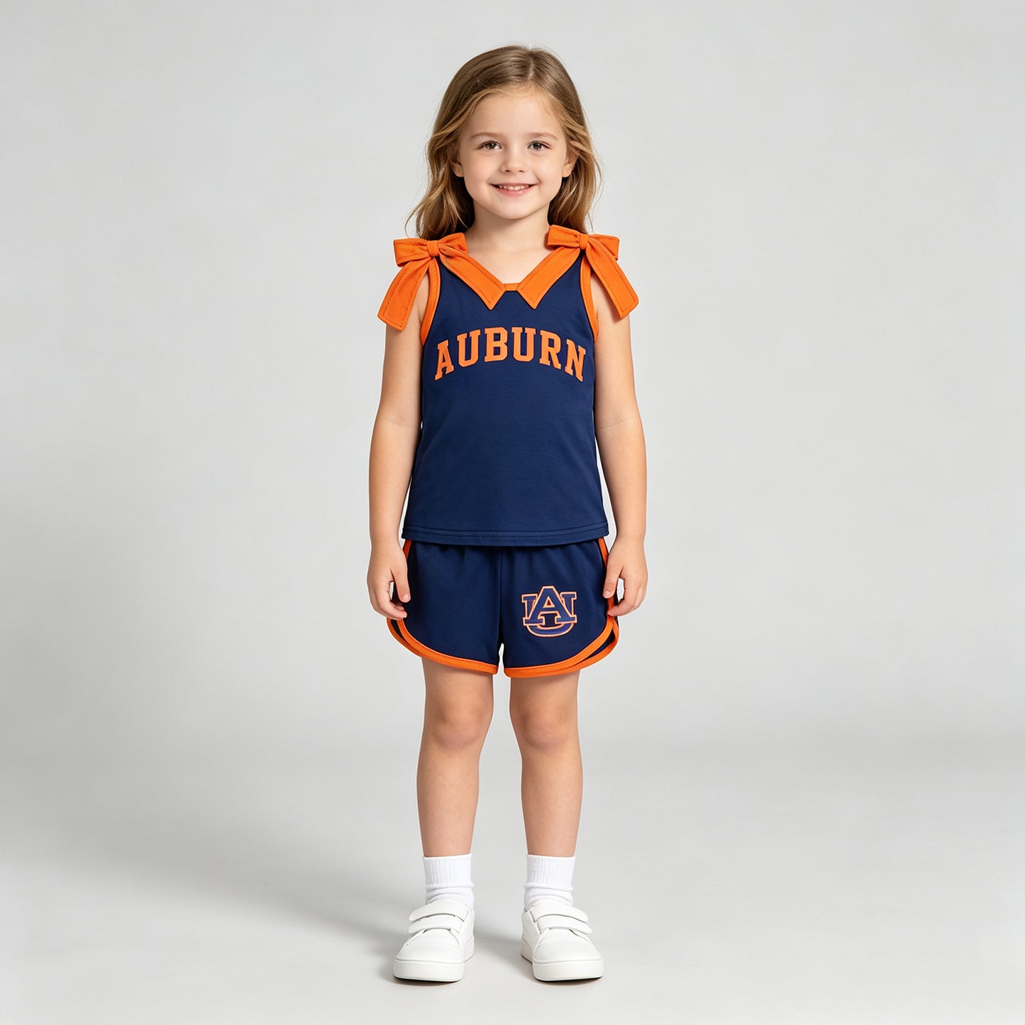 NEW RTS NO MOQ milk silk GSSO3828 Baby Girls Orange Bows Navy Vinyl AUBURN Top Short Team Clothes Sets