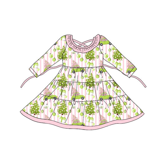 8.20 custom each style moq 5eta 4-6week baby girls clothes Christmas green long sleeve dress
