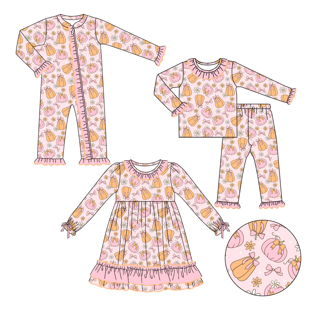 25.5.8 custom each style moq 5eta 4-6week Sibling Sisters pumpkin floral bow baby girl long sleeve pants sets and dress and rompers match family design