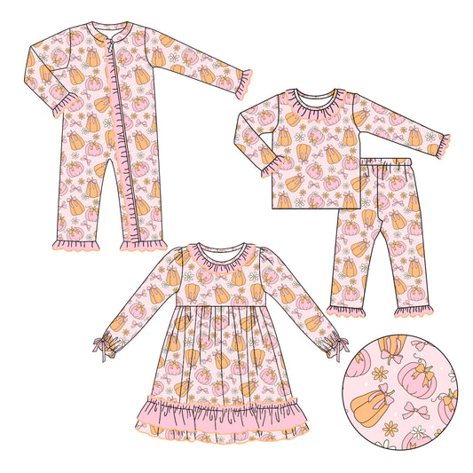 25.5.8 custom each style moq 5eta 4-6week Sibling Sisters pumpkin floral bow baby girl long sleeve pants sets and dress and rompers match family design