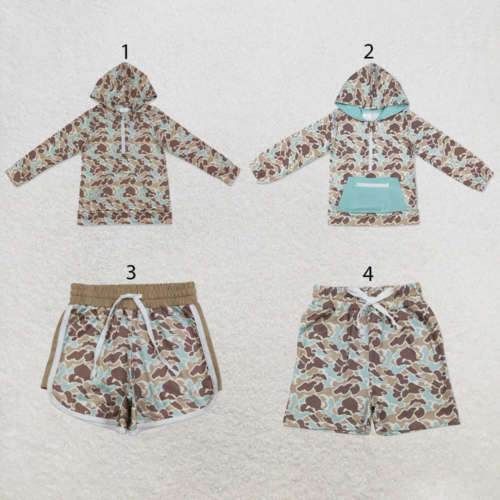 RTS NO MOQ Sibling milk silk Baby Boys Camo Hoodie Top Pocket Short Casual Outfit