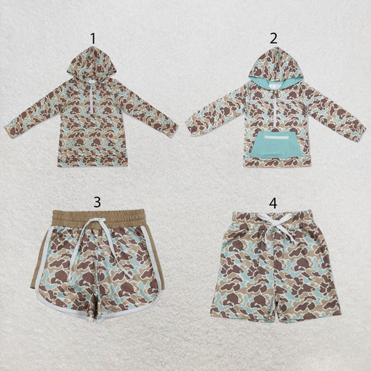 RTS NO MOQ Sibling milk silk Baby Boys Camo Hoodie Top Pocket Short Casual Outfit