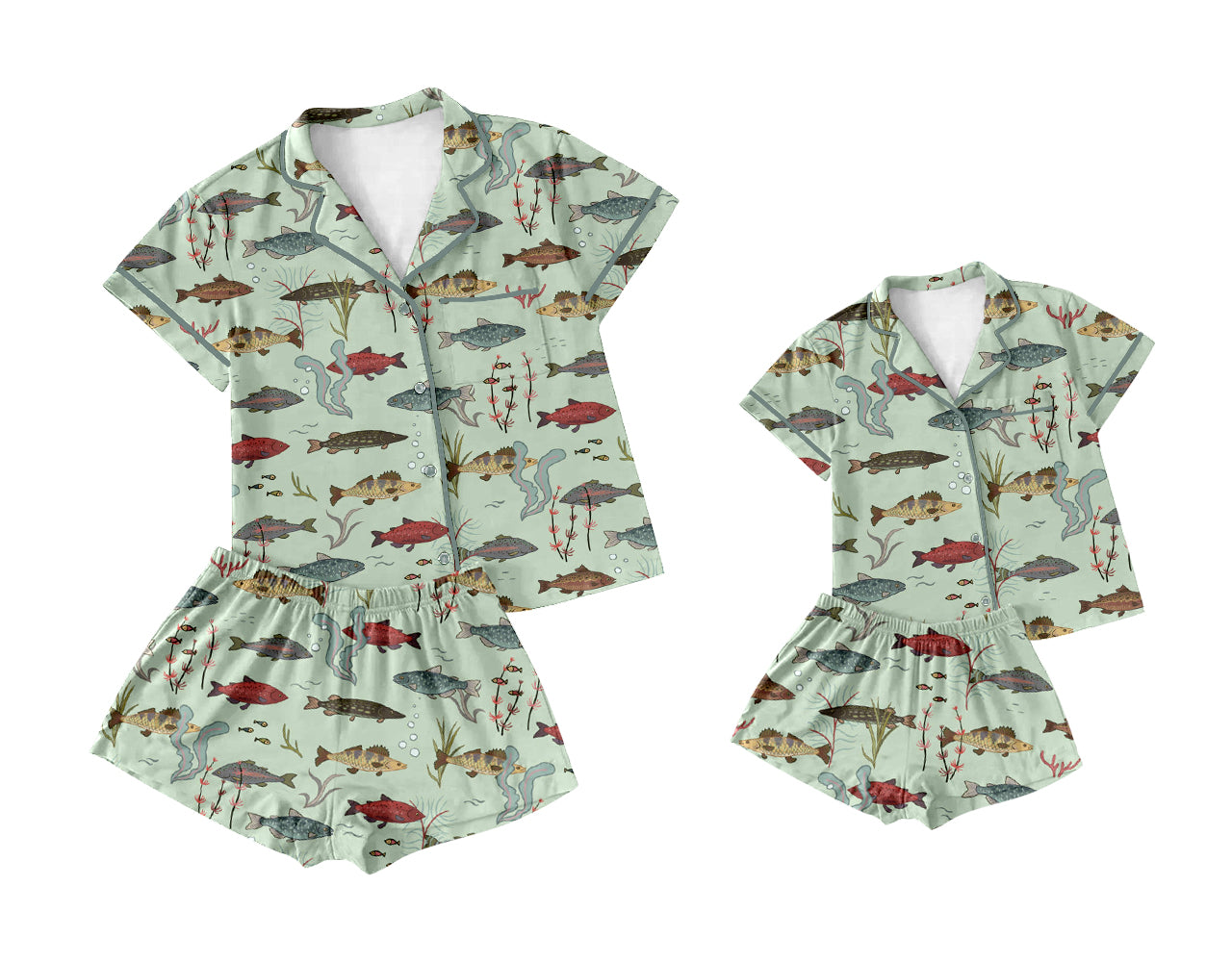 3.1 custom each style moq 5eta 4-6week Sibling Sister fish short sleeve shorts sets and adult sets match design