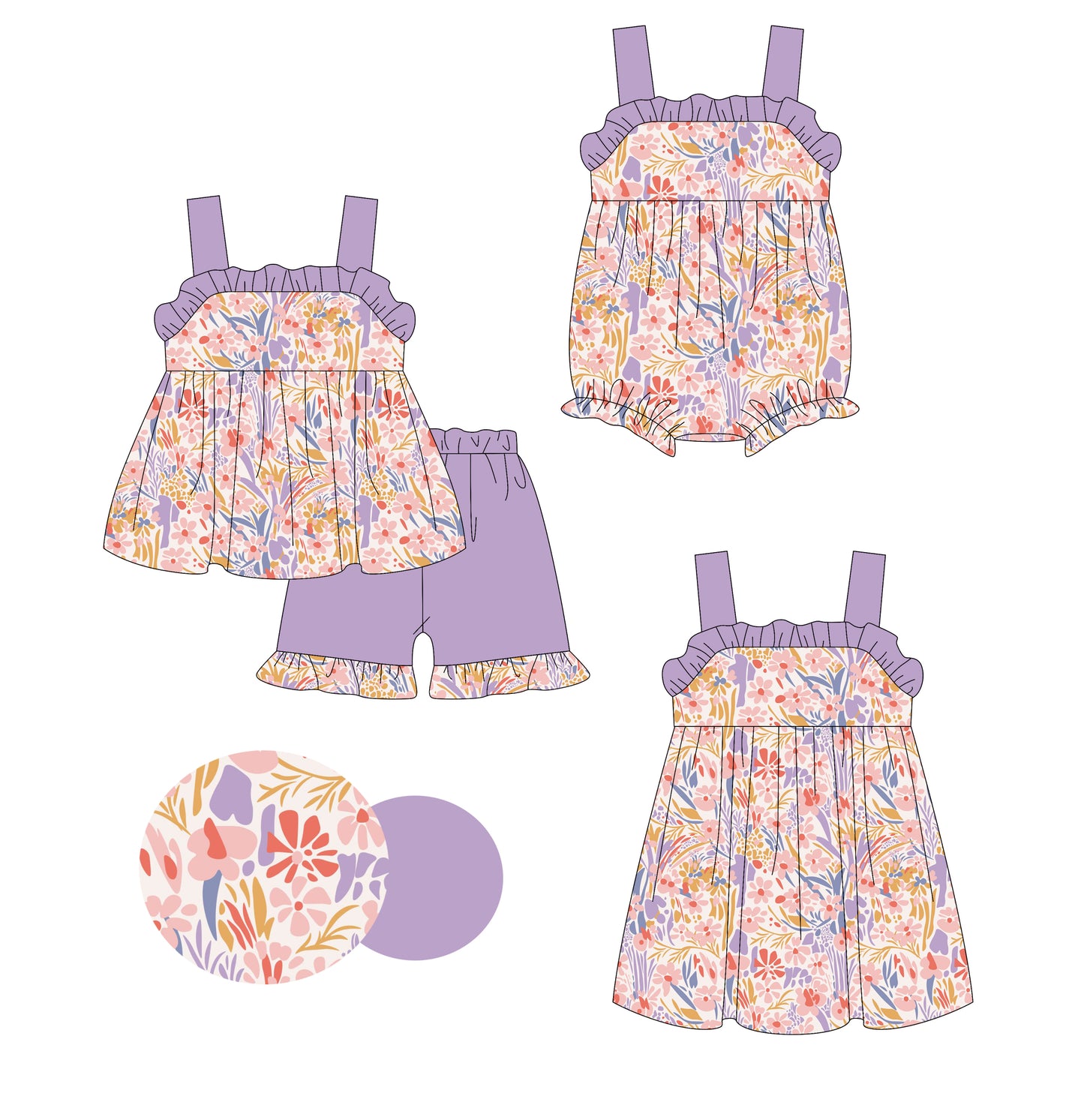 3.5 custom each style moq 5eta 4-6week Sibling Sister floral baby girl short sleeve shorts sets and dress and rompers match family design