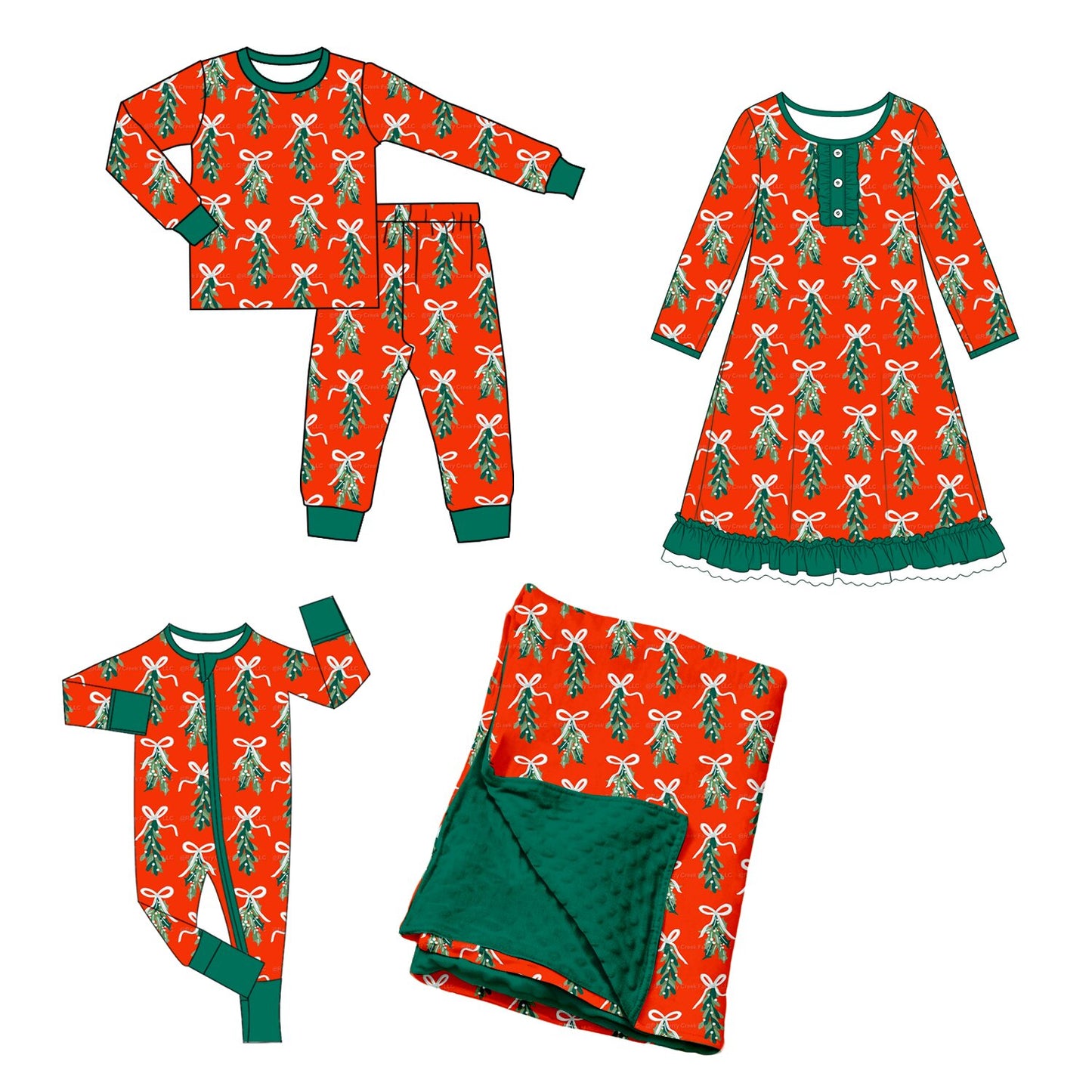(Preorder new) No moq Baby Girls Christmas Bow Print Long Sleeve Top And Pants Pajama Set Rompers Dress Blankets Red Base Family Holiday Sleepwear