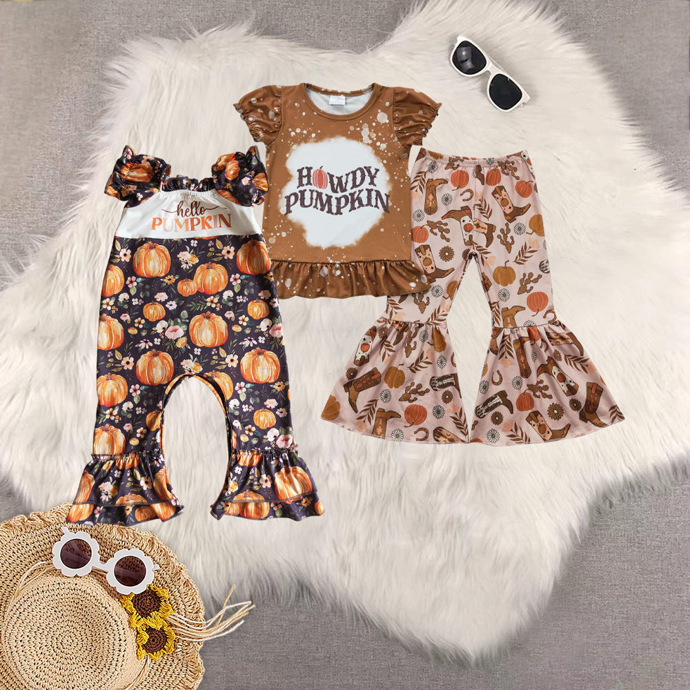 RTS NO MOQ Sibling Baby girls clothes pumpkin short-sleeved trousers suit & romper