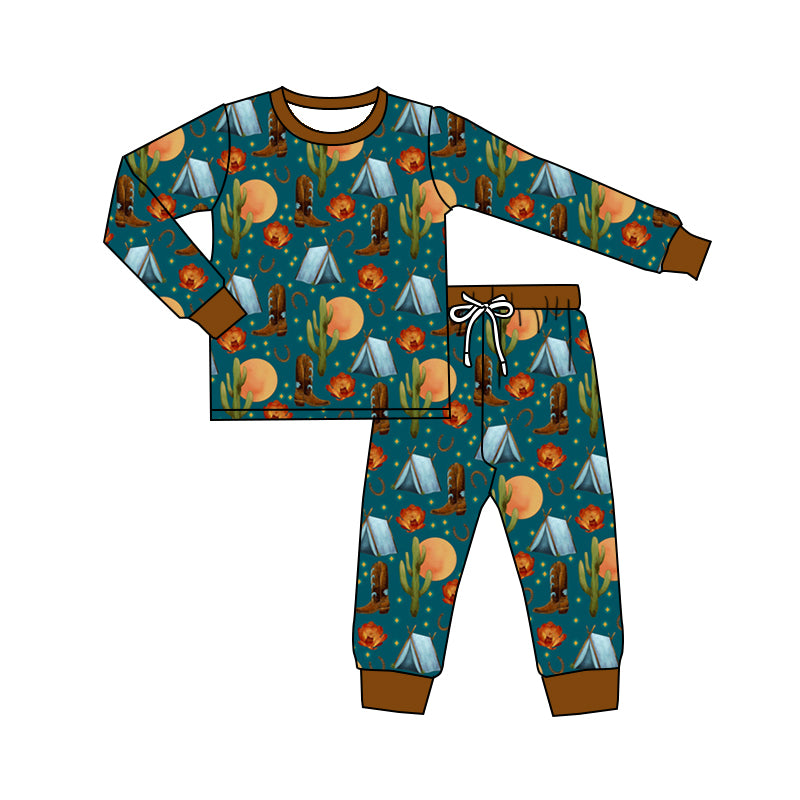 5.22custom each style moq 5eta 4-5week Sibling Sister Western cowboy style print dark green brown boys outfits and baby romper and aldult shorts match family design