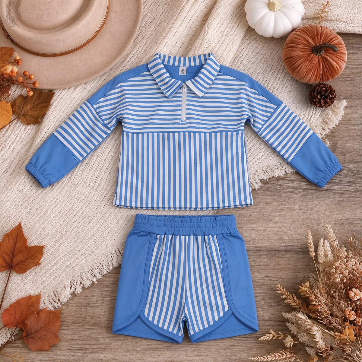 NEW RTS NO MOQ yoga fabric GLS0107(GT1716+SS0950) Baby Girls Hot Blue Stripe Zip Pullovers Shorts Yoga Sets