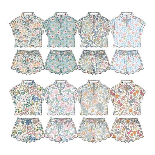 3.11 Custom moq 5 mix size Sibling Kids' Floral  Scallop Short-Sleeved Zipper Top And Shorts Set Summer Outfits