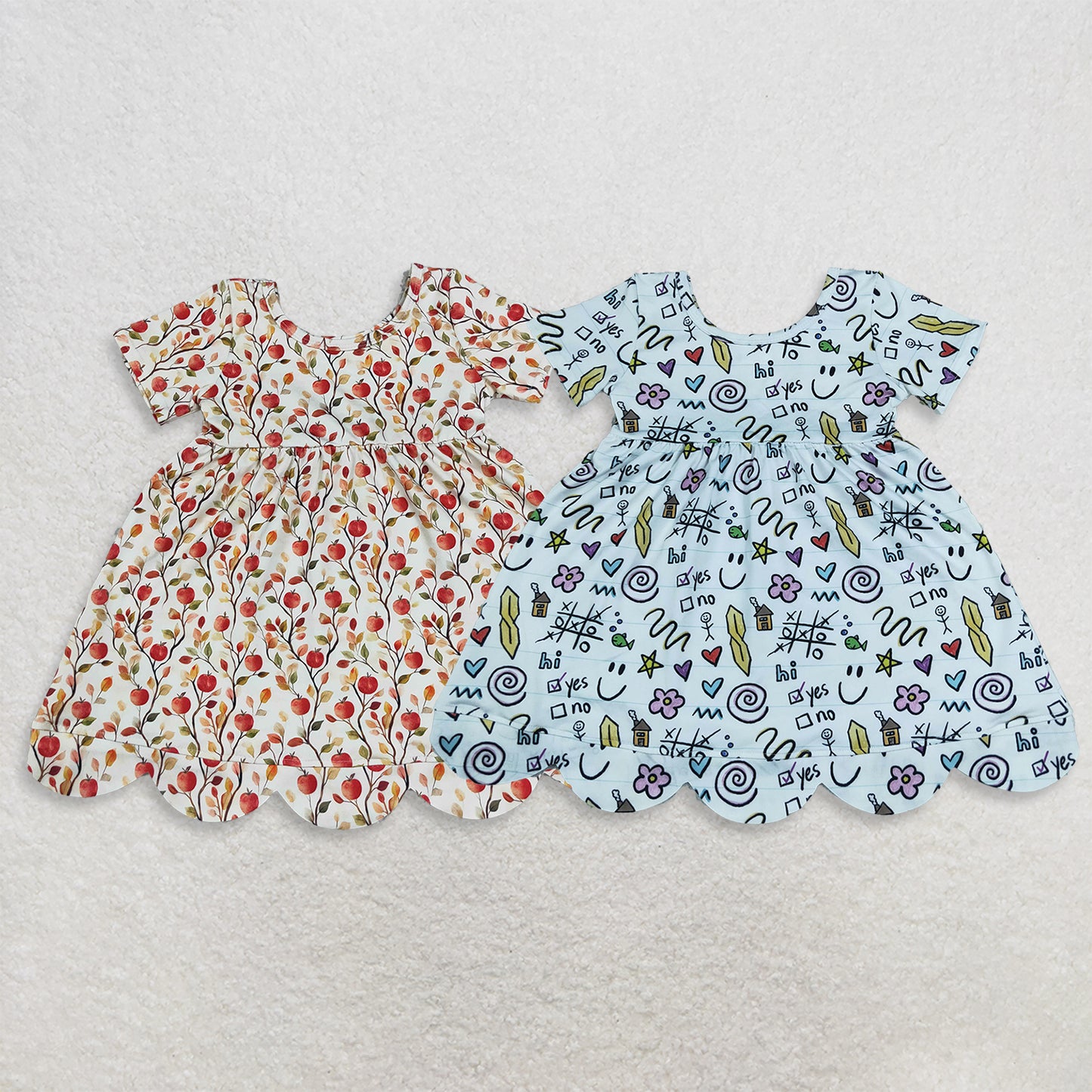 RTS NO MOQ Sibling milk silk Baby Girls Letters Flower  Scallop Hem Knee Length Back to School Dress(2T-14-16T）