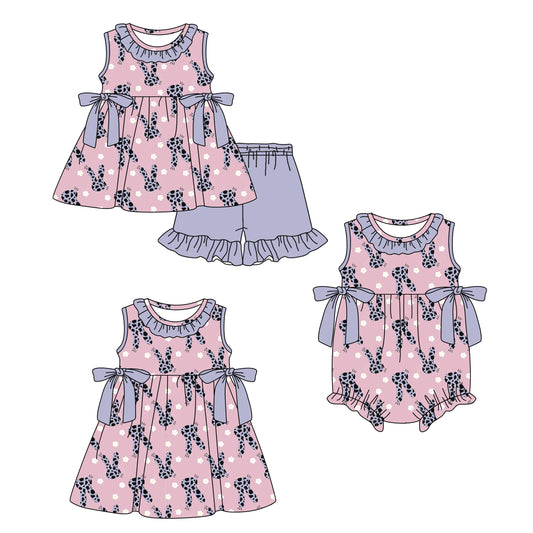 Custom moq 5 mix size Sibling Baby Girl's Rabbit head print pink Sleeveless Top And Shorts Set Cute Romper Dress for Summer