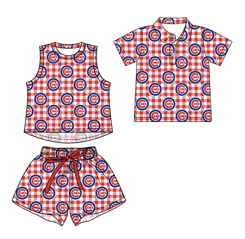 Custom moq 5 mix size milk silk summer teams Red Checked Girls Sleeveless Top And Short Sets Boys Short Sleeve Button Polo Shirt Top