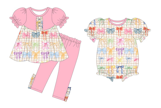 25.9.13 custom each style moq 5eta 6-8week Sibling Sisters bow baby girl clothes short sleeve pants sets and romper match family design