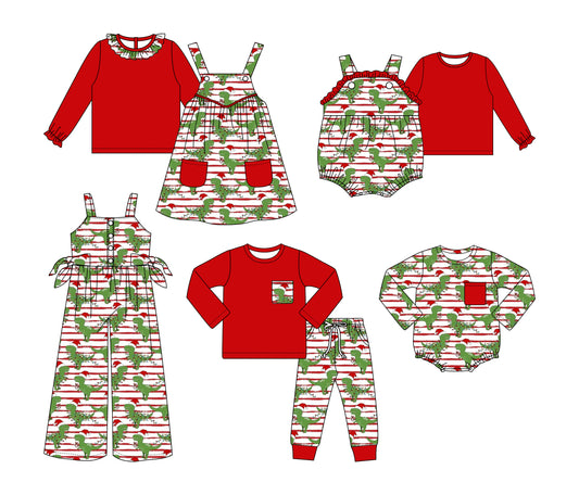 25.5.26 custom each style moq 5eta 4-6week Sibling Sisters Christmas dinosaur red baby boy long sleeve pants sets and dress and short sleeve rompers and long romper and top 1 and top 2  and jumpsuit match family design