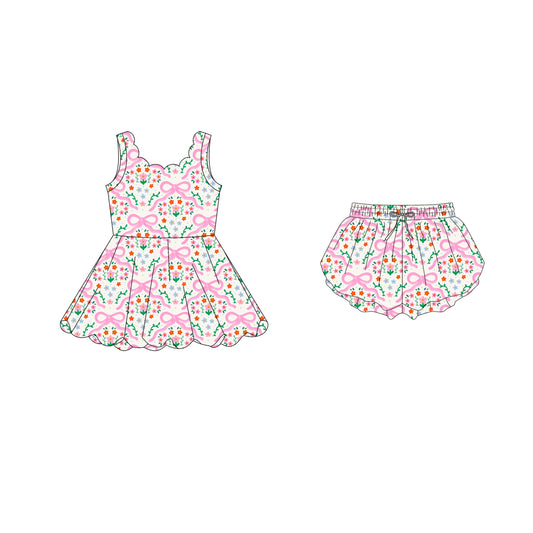 4.15 custom each style moq 5eta 4-6week Sibling Sister floral bow baby girls clothes Short sleeve yoga dress and shorts match family design