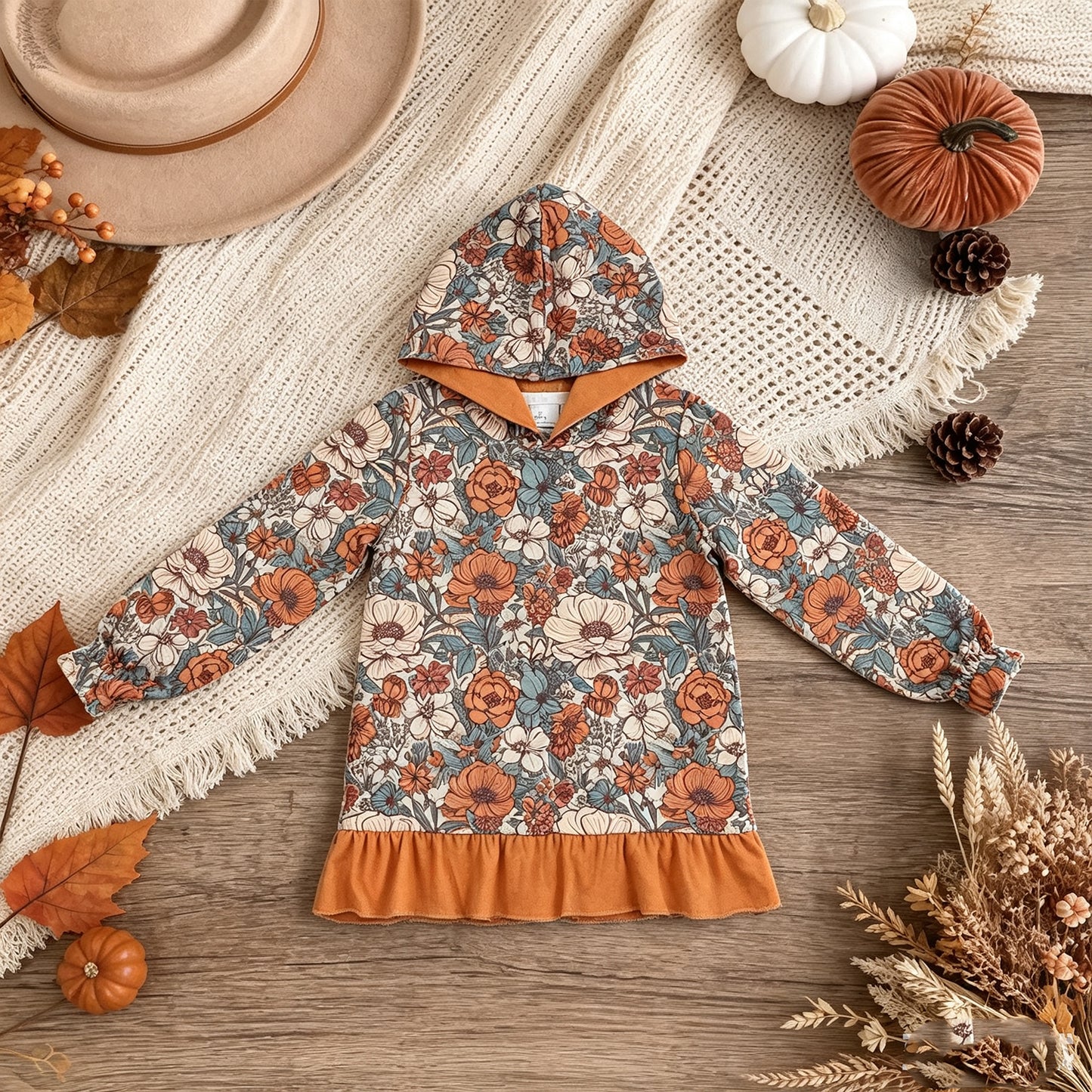 NEW RTS NO MOQ milk silk GT1643 Baby Girls Floral Ruffle Long Sleeve Hoodie Fall Daily Top