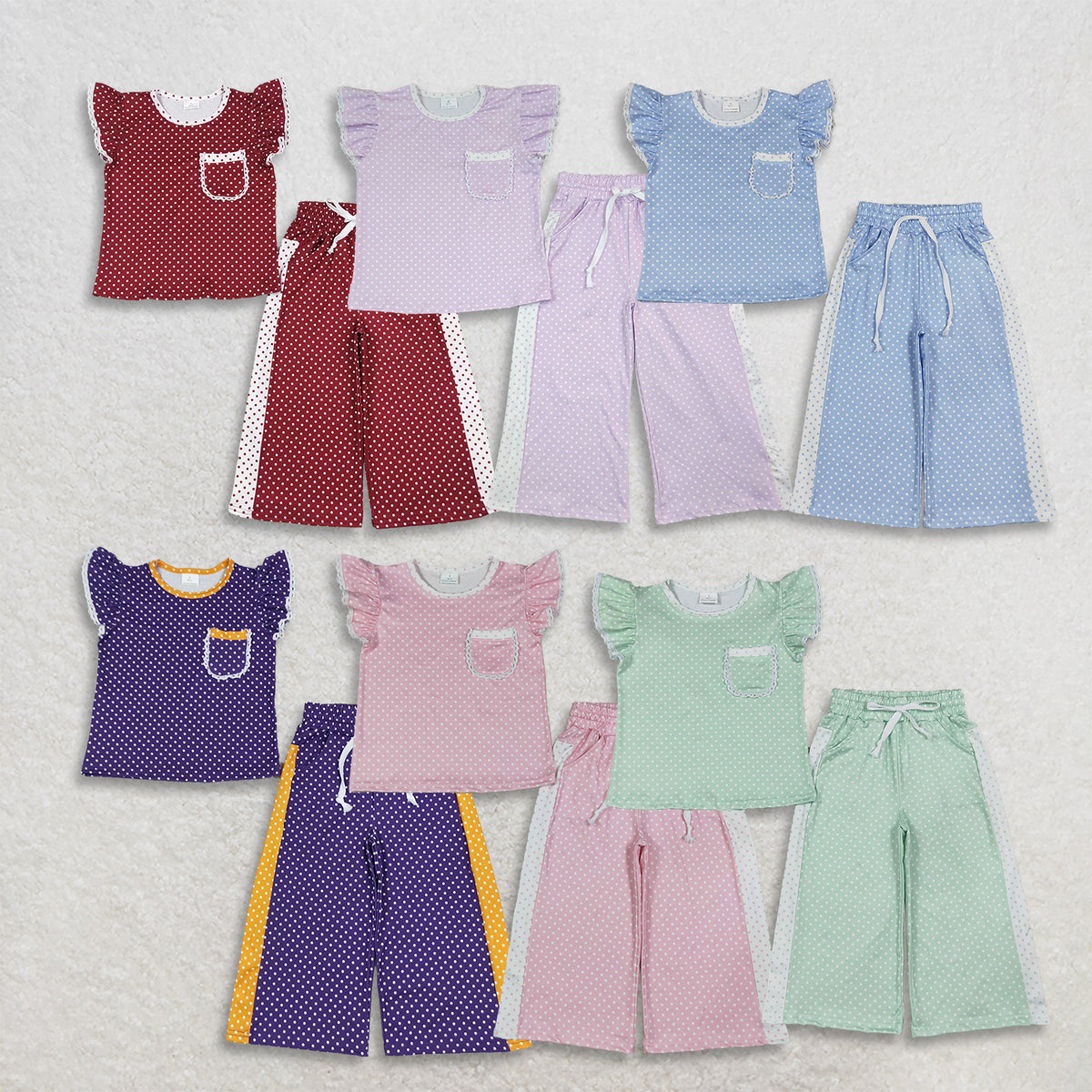 RTS NO MOQ Sibling milk silk Baby Girls Polka Dot Flutter Sleeve Top and Side Stripe Wide Leg Pants Set