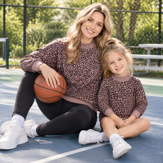 RTS NO MOQ Sibling milk silk Adult To Match Kids High Neck Leopard Mock Neck Long Sleeve Top And Romper Set