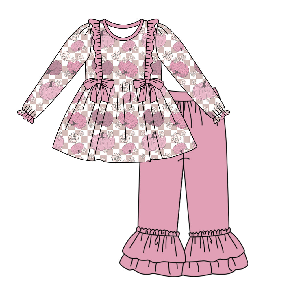 6.4 custom each style moq 5eta 4-6week Sibling Sister pumpkin baby girls outfits and dress and baby romper match family design