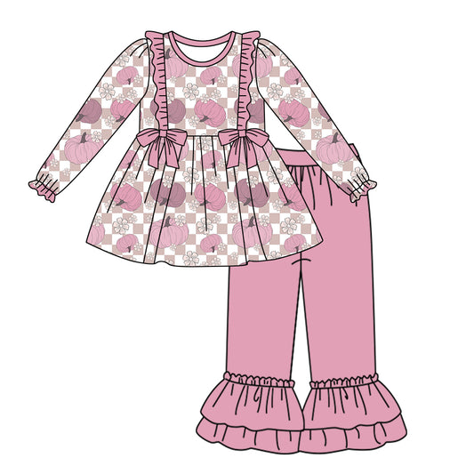 6.4 custom each style moq 5eta 4-6week Sibling Sister pumpkin baby girls outfits and dress and baby romper match family design