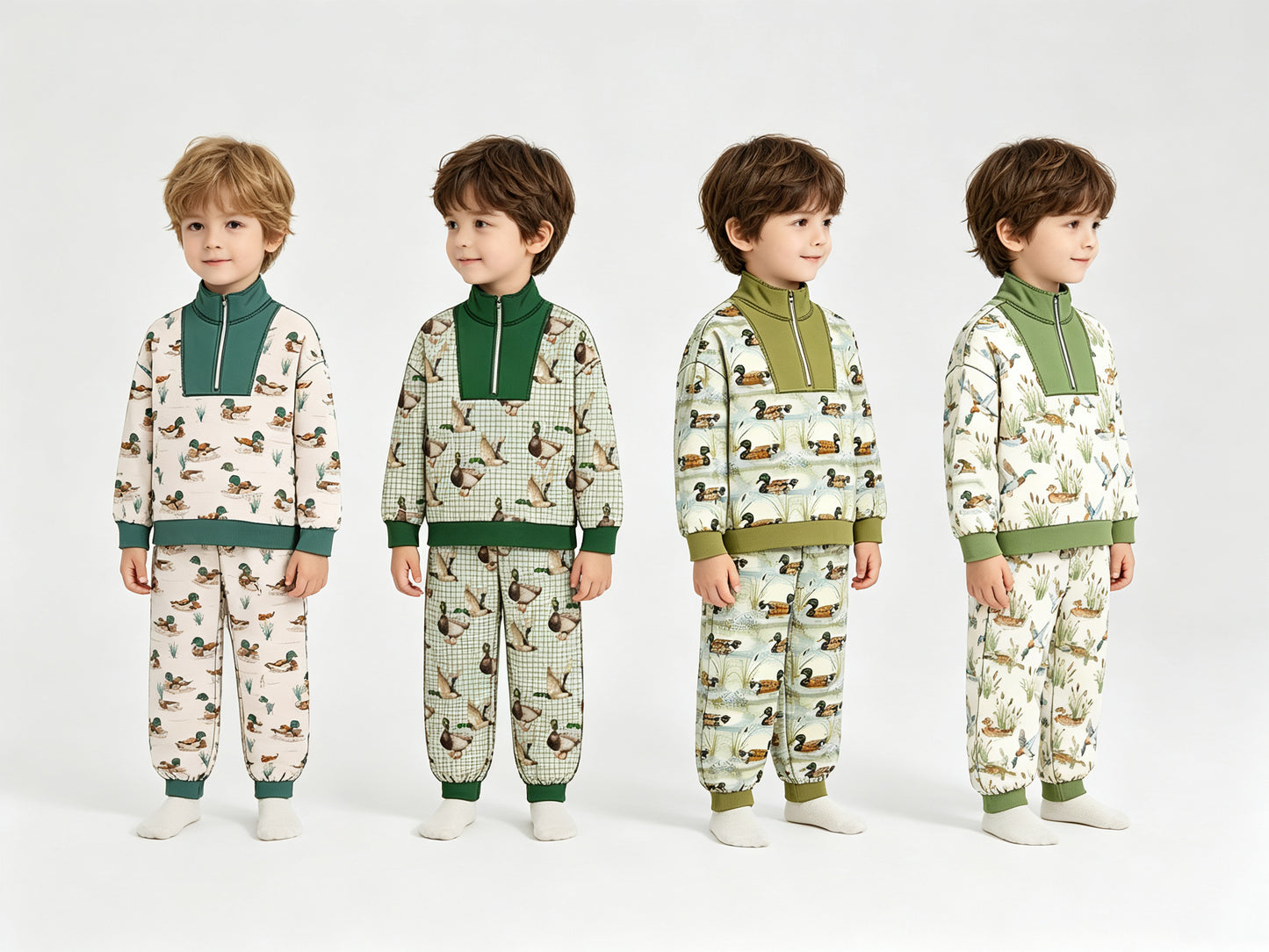 (Preorder new) No moq Baby Boys Ducks Plaid Zip Pullover Pockets Jogger Hunting Clothes Sets Fall Outfit