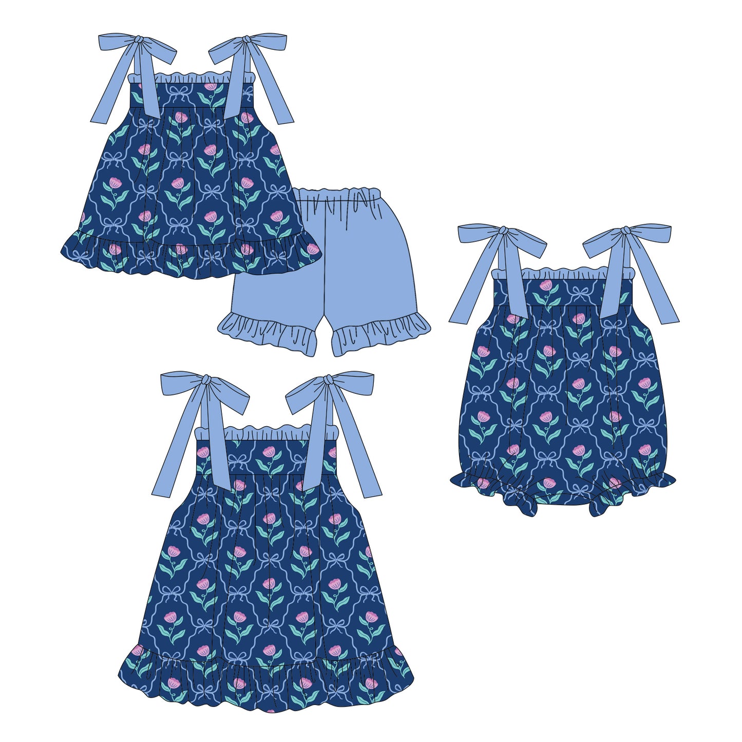 4.3 Custom moq 5 mix size Sibling Baby Girl's Flowers Strap Top And Blue Short Set Cute Romper Dress for Summer