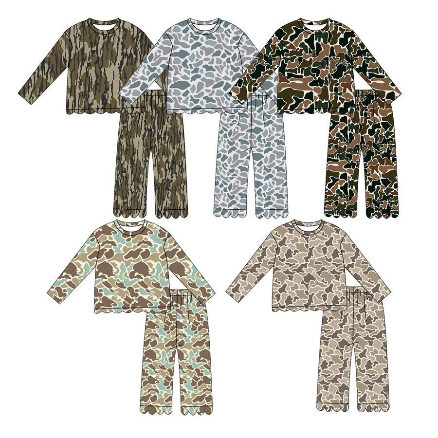(Preorder new) No moq Baby Girls Camo Print Long Sleeve Crew Neck Top Scallop Edge Flare Bell Bottom Pants Clothes Set
