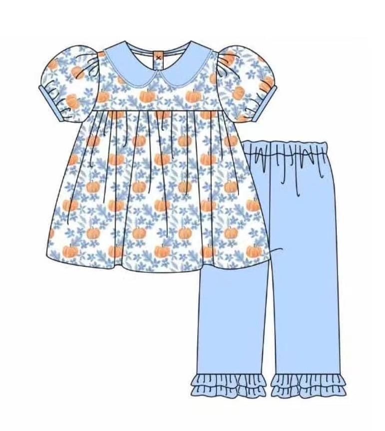 5.18custom each style moq 5eta 4-5week Sibling Sister Country Style Pumpkin Floral Print Clothing for Girls and Boys match family design