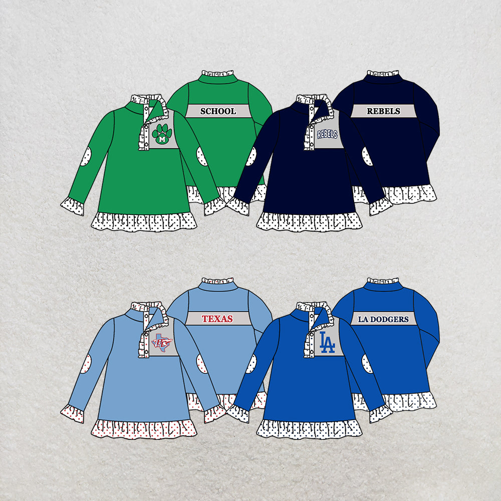 custom moq 5 mix size MSD072904 Baby Girls Print Ruffle Zip Pullover Long Sleeve Tunic Top Polka Dot Ruffle