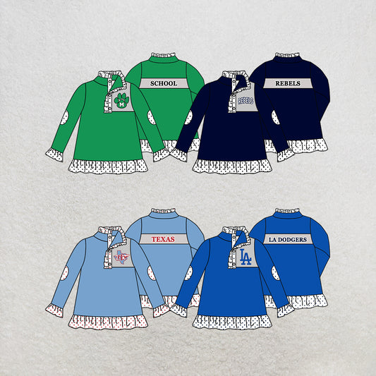 custom moq 5 mix size MSD072904 Baby Girls Print Ruffle Zip Pullover Long Sleeve Tunic Top Polka Dot Ruffle