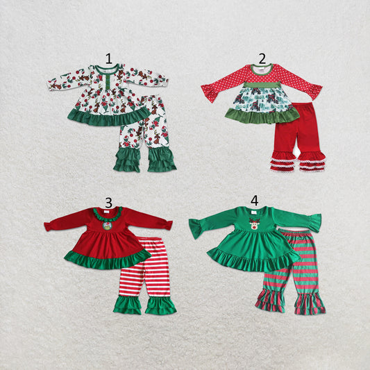 RTS NO MOQ Sibling milk silk Baby Girls Christmas Ruffle Long Sleeve Top Ruffle Pants Clothes Set