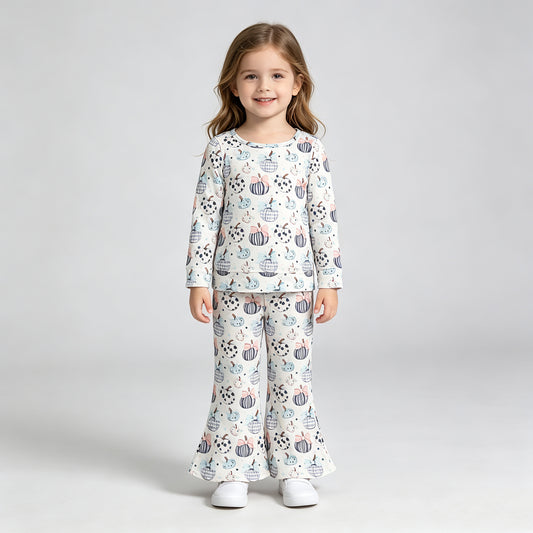 NEW RTS NO MOQ milk silk GLP3403 Baby Girls Bow Pumpkin Print Long Sleeve Shirt Top Flare Bell Bottom Pants Clothes Sets