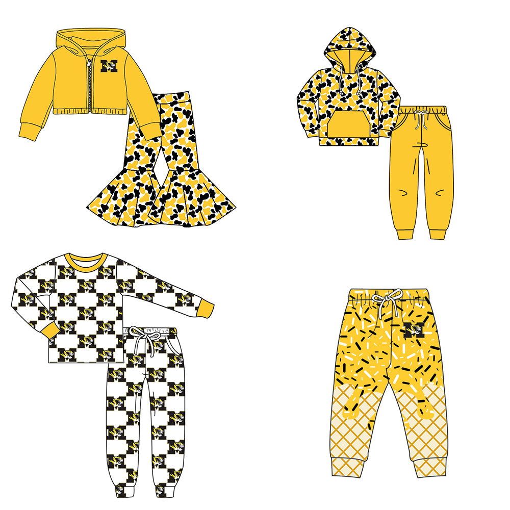 Custom moq 5 mix size milk silk summer teams baby girls clothes camouflage yellow hooded long sleeve pants sets 2 and boy pants sets and pant-25.8.7