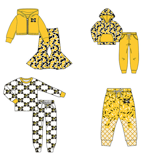 Custom moq 5 mix size milk silk summer teams baby girls clothes camouflage yellow hooded long sleeve pants sets 2 and boy pants sets and pant-25.8.7