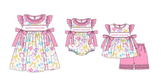 11.20 custom each style moq 5eta 4-6week Sibling Sister HAPPY EASTER baby girl short sleeve shorts sets and dress and rompers match family design
