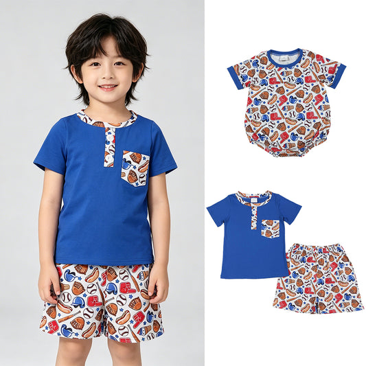 RTS NO MOQ Sibling Baby Boys Team Baseball Shirt with Button Pocket Short Sleeve Top And Shorts Outfit Set Baby Boys Stars Team Rompers Set