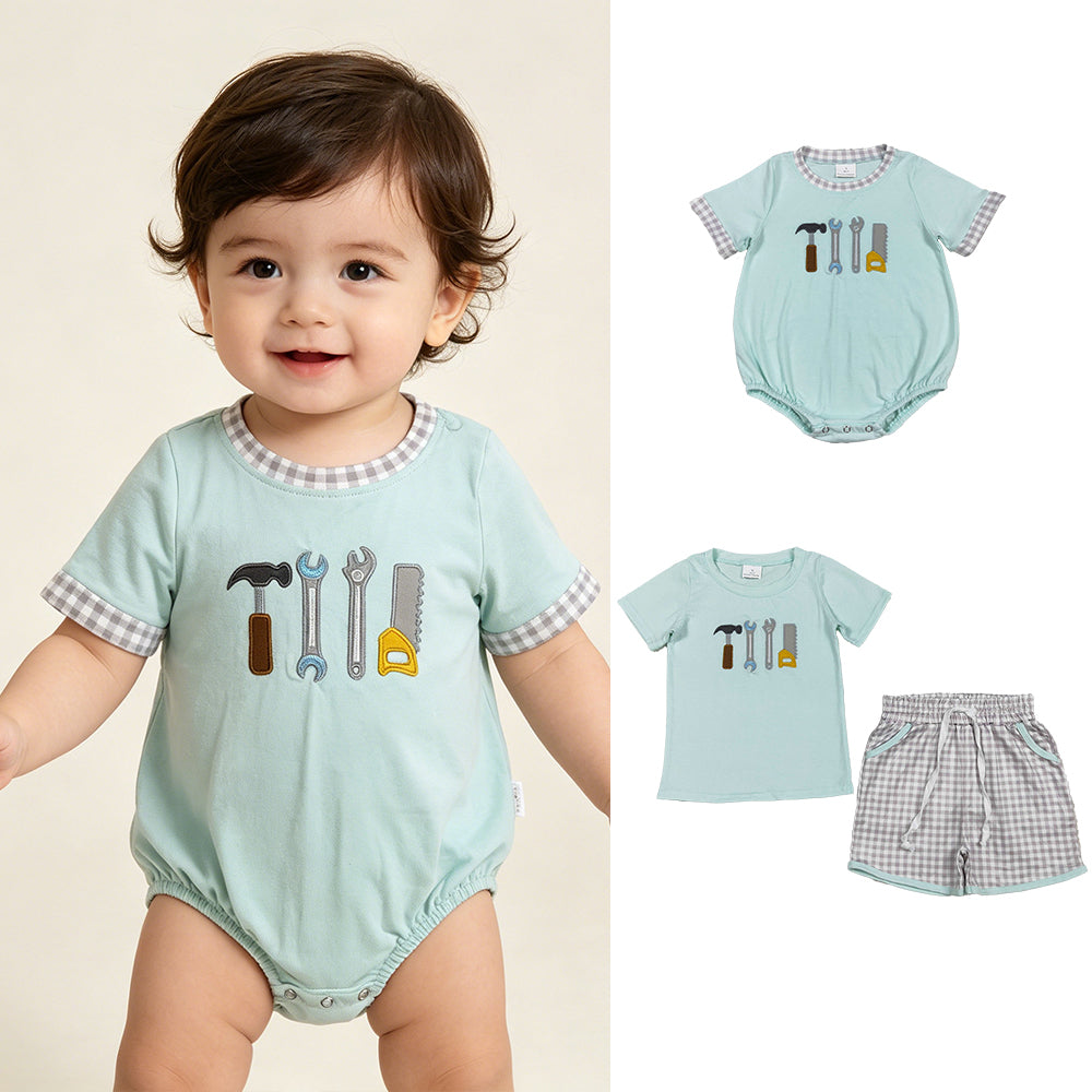 RTS NO MOQ Sibling Baby Boys Embroidery Tools Short Sleeve  Top Checked Pockets Shorts Set  Short Sleeve Rompers