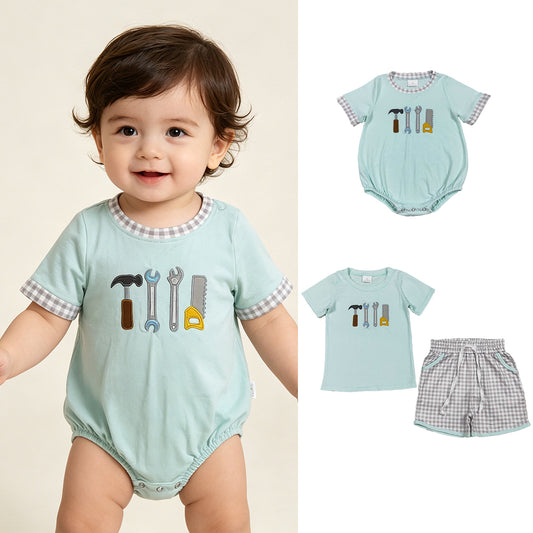 RTS NO MOQ Sibling Baby Boys Embroidery Tools Short Sleeve  Top Checked Pockets Shorts Set  Short Sleeve Rompers