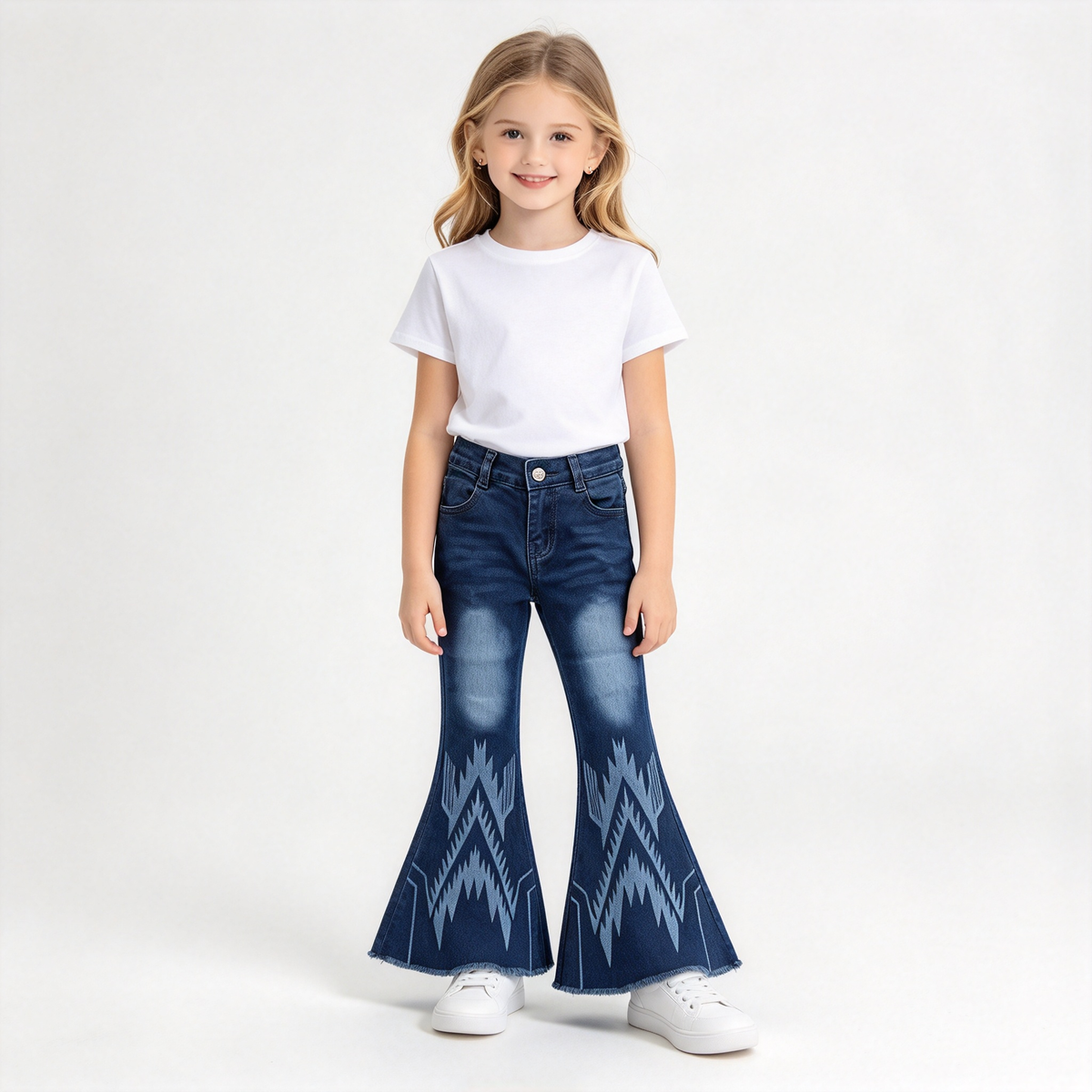RTS NO MOQ Sibling Denim Baby Girls Western Print Bell Bottom Jeans Flare Denim Pants
