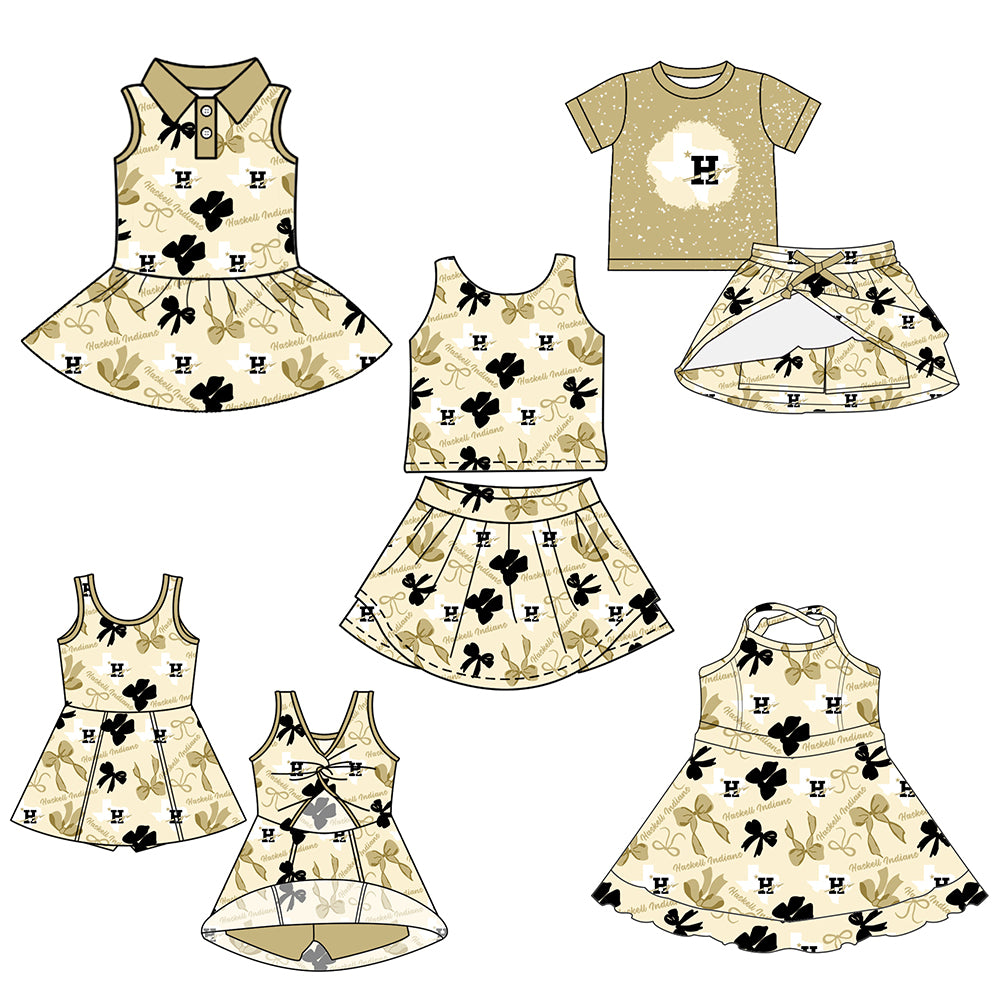 Custom moq 5 mix sizes summer teams baby girls clothes team short sleeve skirts shorts sets 1 and skirts sets 2 and dress 1 and dress 2 and dress 3 and dress 4-25.6.11