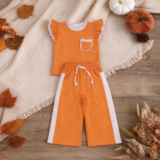 NEW RTS NO MOQ milk silk GSPO2367 Baby Girls Orange Polka Dots Pocket Top Flare Pant Clothes Set Spring Fall Casual Outfit