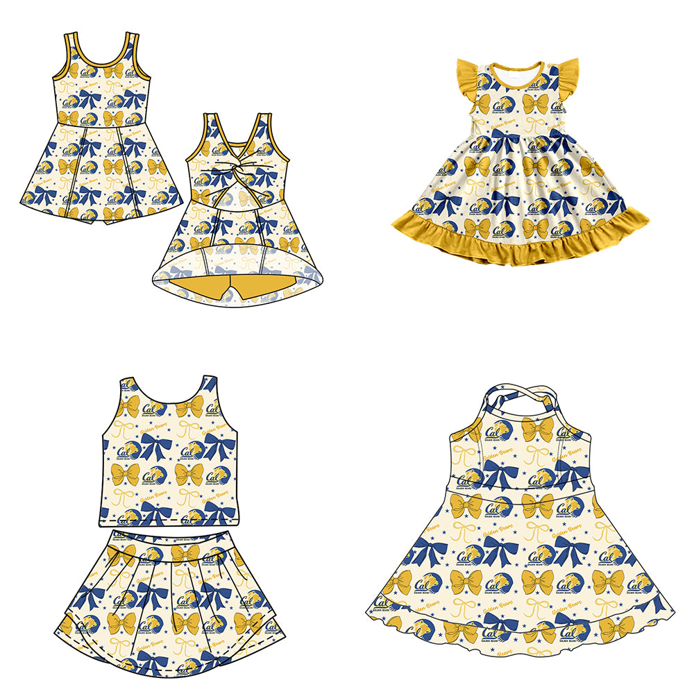 Custom moq 5 mix size milk silk summer teams baby girls clothes team bow yellow sleeveless skirts sets and dress 1 and dress 2 and dress 3-25.6.24