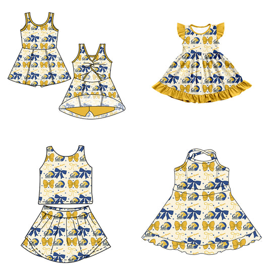Custom moq 5 mix size milk silk summer teams baby girls clothes team bow yellow sleeveless skirts sets and dress 1 and dress 2 and dress 3-25.6.24