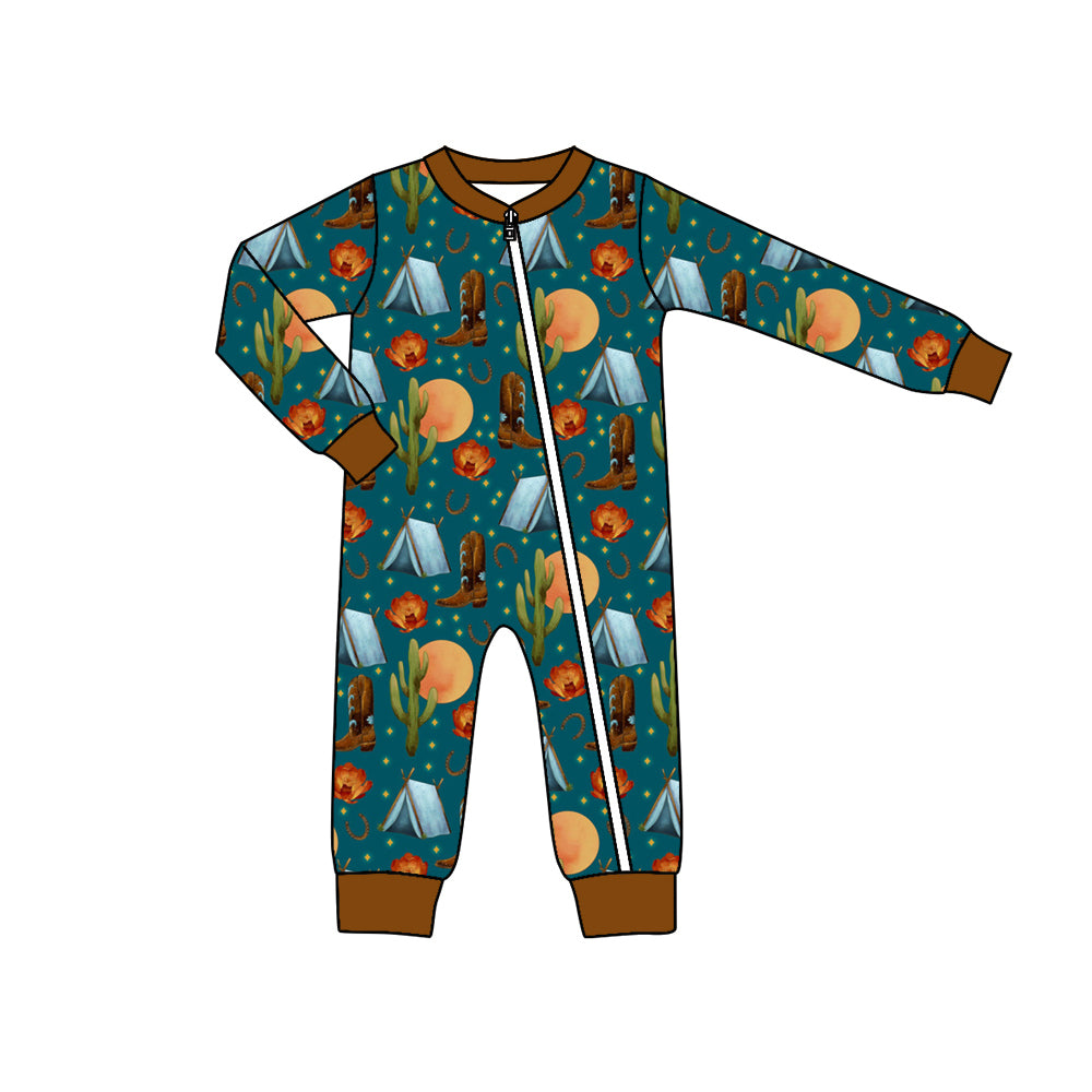 5.22custom each style moq 5eta 4-5week Sibling Sister Western cowboy style print dark green brown boys outfits and baby romper and aldult shorts match family design
