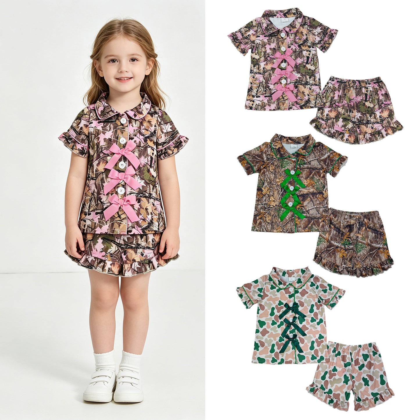 RTS NO MOQ Sibling milk silk Baby Girls Camo Print Bow Button Front Short Sleeve Top Ruffle Hem Shorts Summer Sleep Pajamas Set
